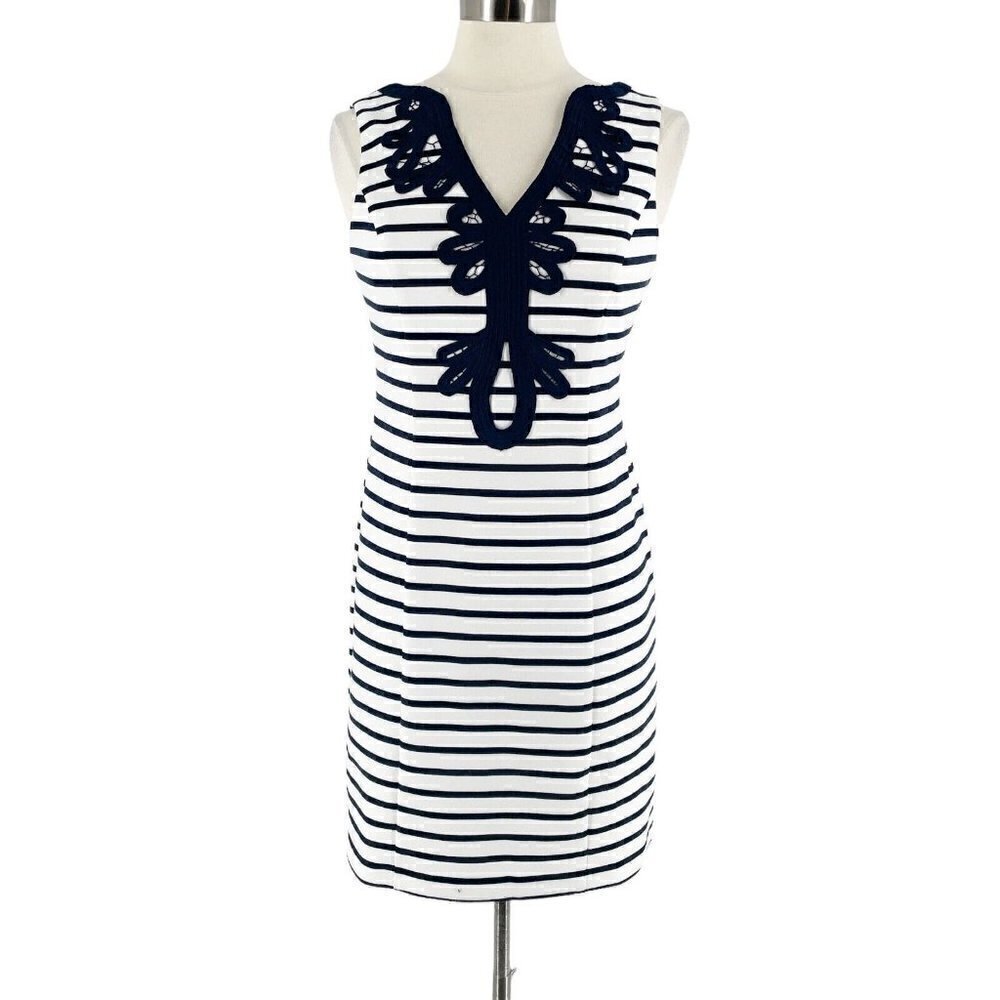 SALE NWT Eliza J Blue White Stripe Navy Lace Trim Sleeveless Knit Sheath Dress 4
